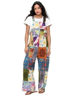 Yak N Yeti Women’s Patchwork Boho Wide Leg Cotton Blend Overalls S/M